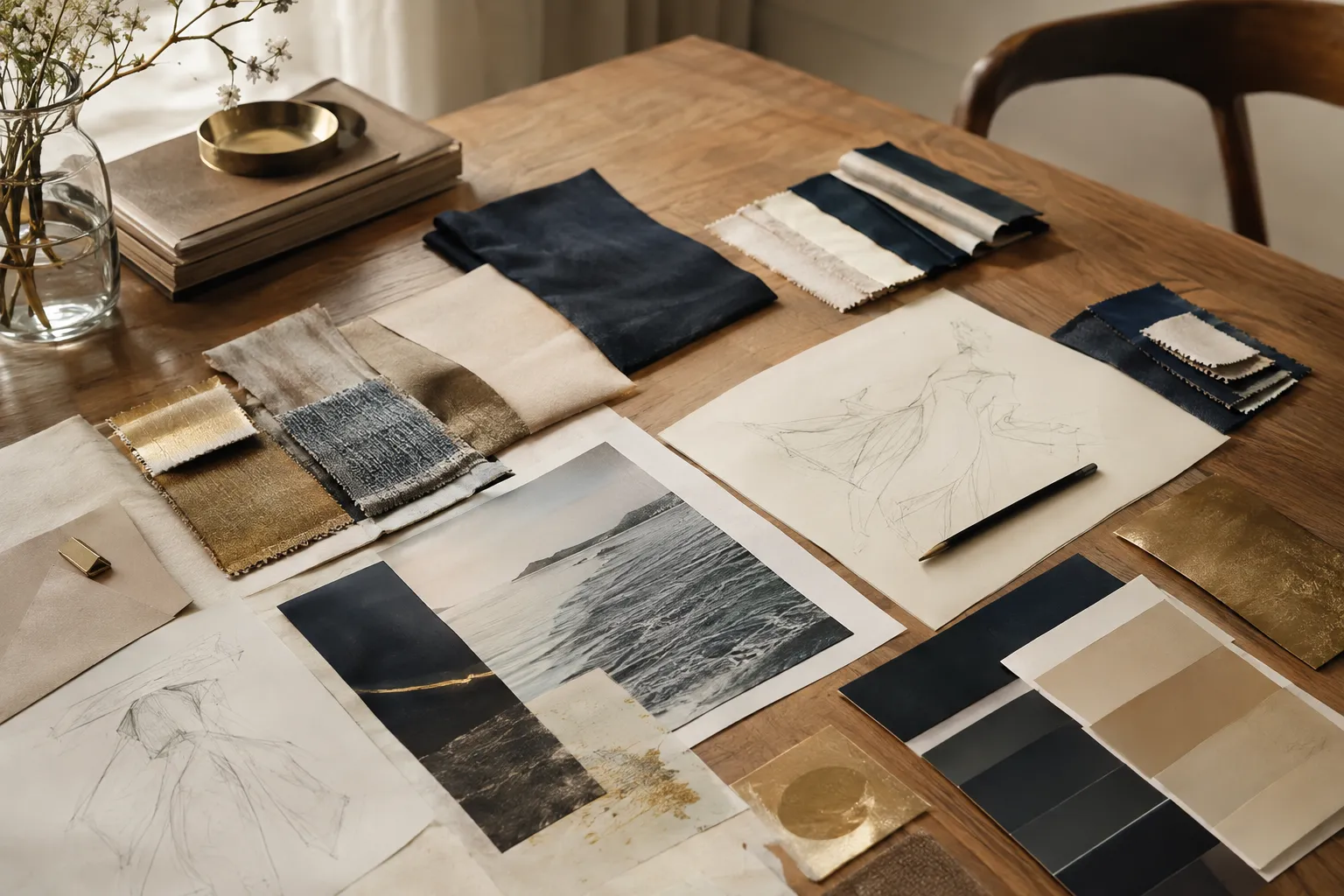 Moodboard mit Stoffmustern, Papieren und Skizzen