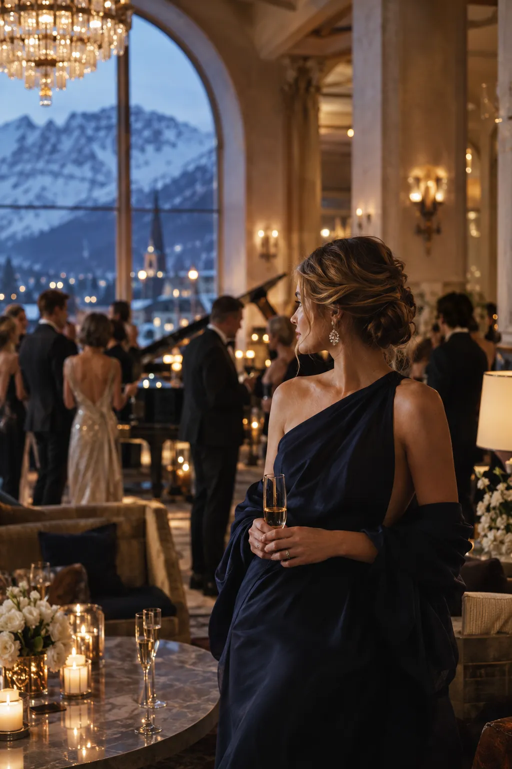 Abendempfang in einer Hotellobby in St. Moritz mit Kerzenlicht