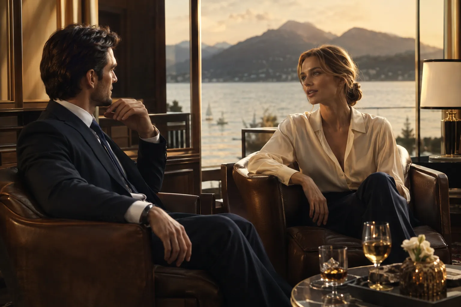 Zwei Personen im Gespräch in einer Clublounge mit Seeblick