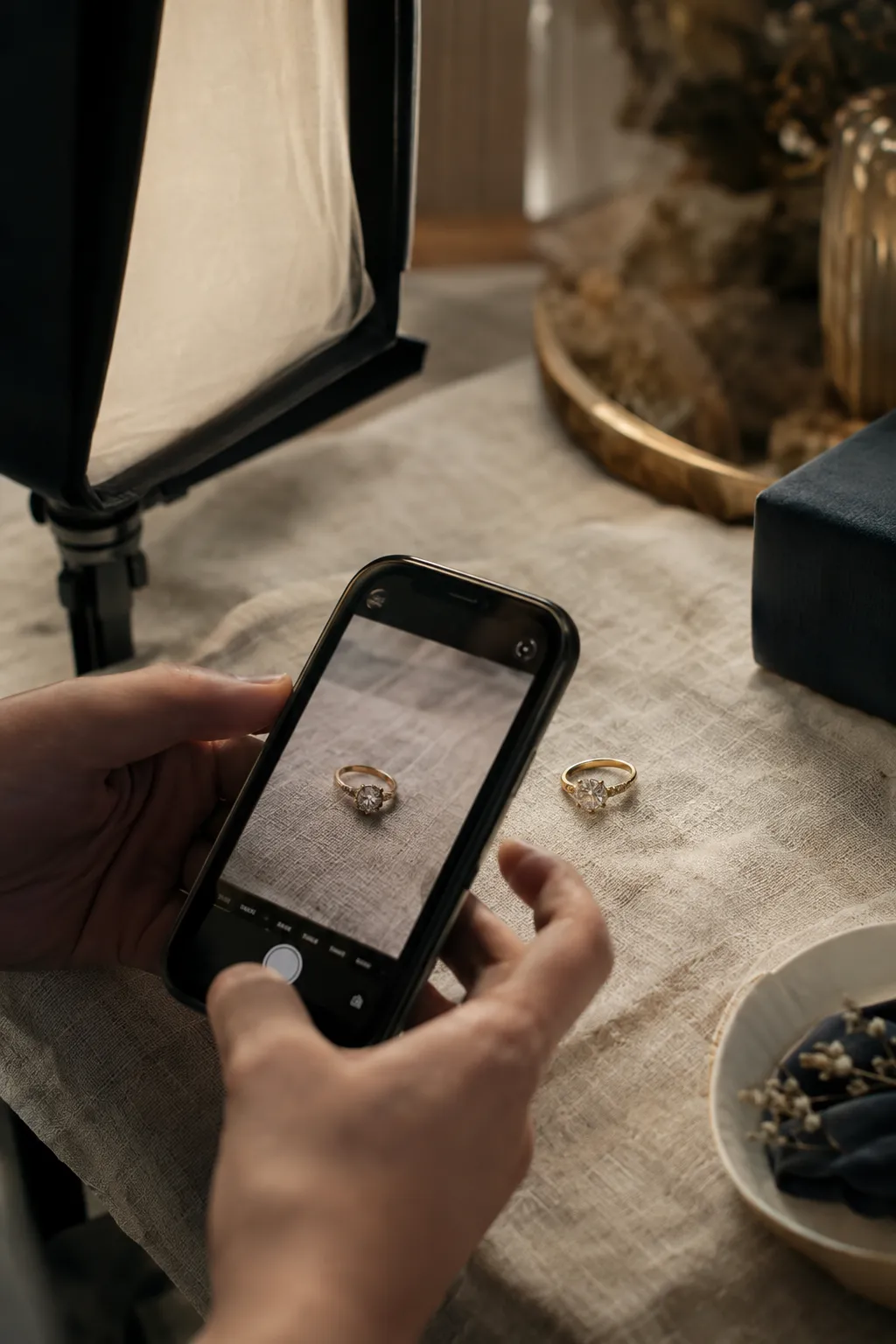Smartphone filmt einen Goldring auf Leinen